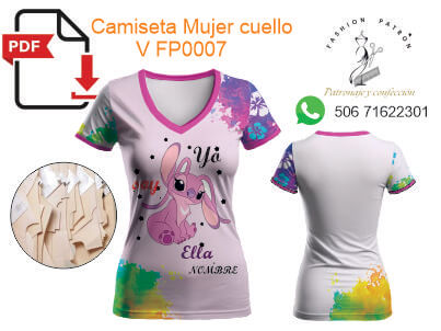 Patrones de camiseta mujer cuello V XS a 5XL en todos los formatos