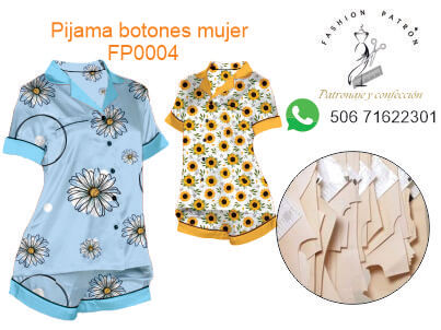 Patrón de conjunto de pijama de botones de mujer largo o corto solo en formato físico.