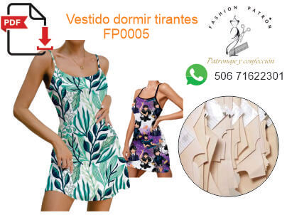 Molde vestido de dormir XS - XL de tirantes en formato A4 y tamaño real